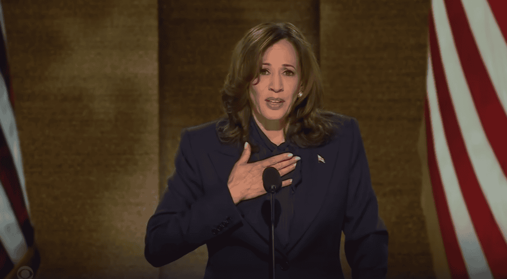 This is an image screenshotted from YouTube of Vice President Kamala Harris accepting the Democratic Nomination for President of the United States of America. 